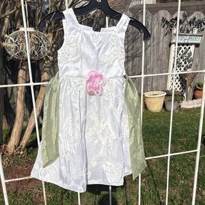 Girls White Floral Embroidered Formal Dress with Pink Flower Accent